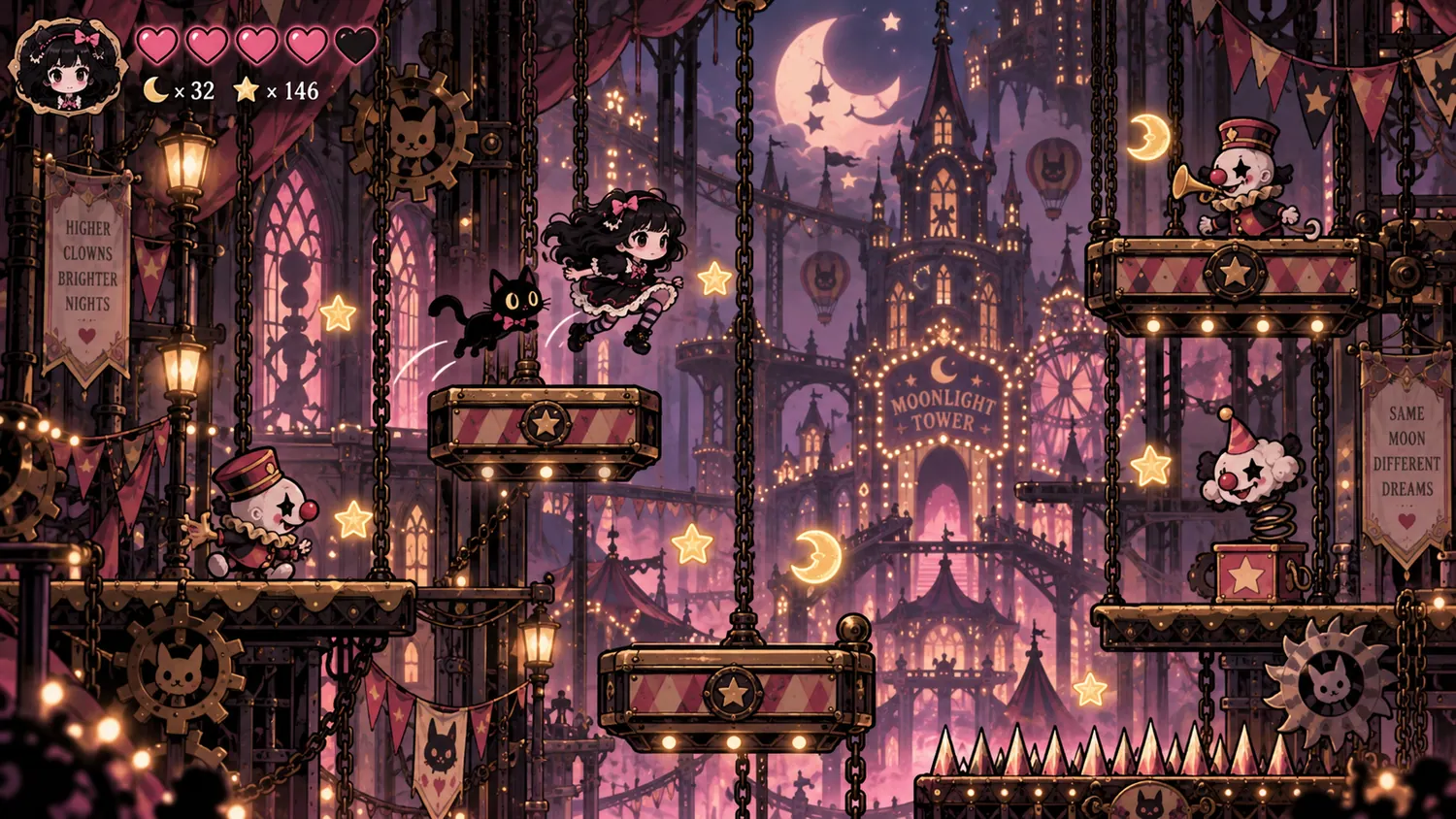 Goth Girl and Jiji on moving elevator platforms with moonlit gothic towers