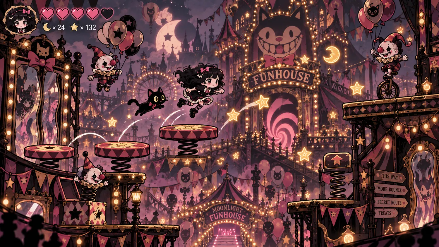 Concept artwork of Goth Girl and Jiji exploring a moonlit funhouse