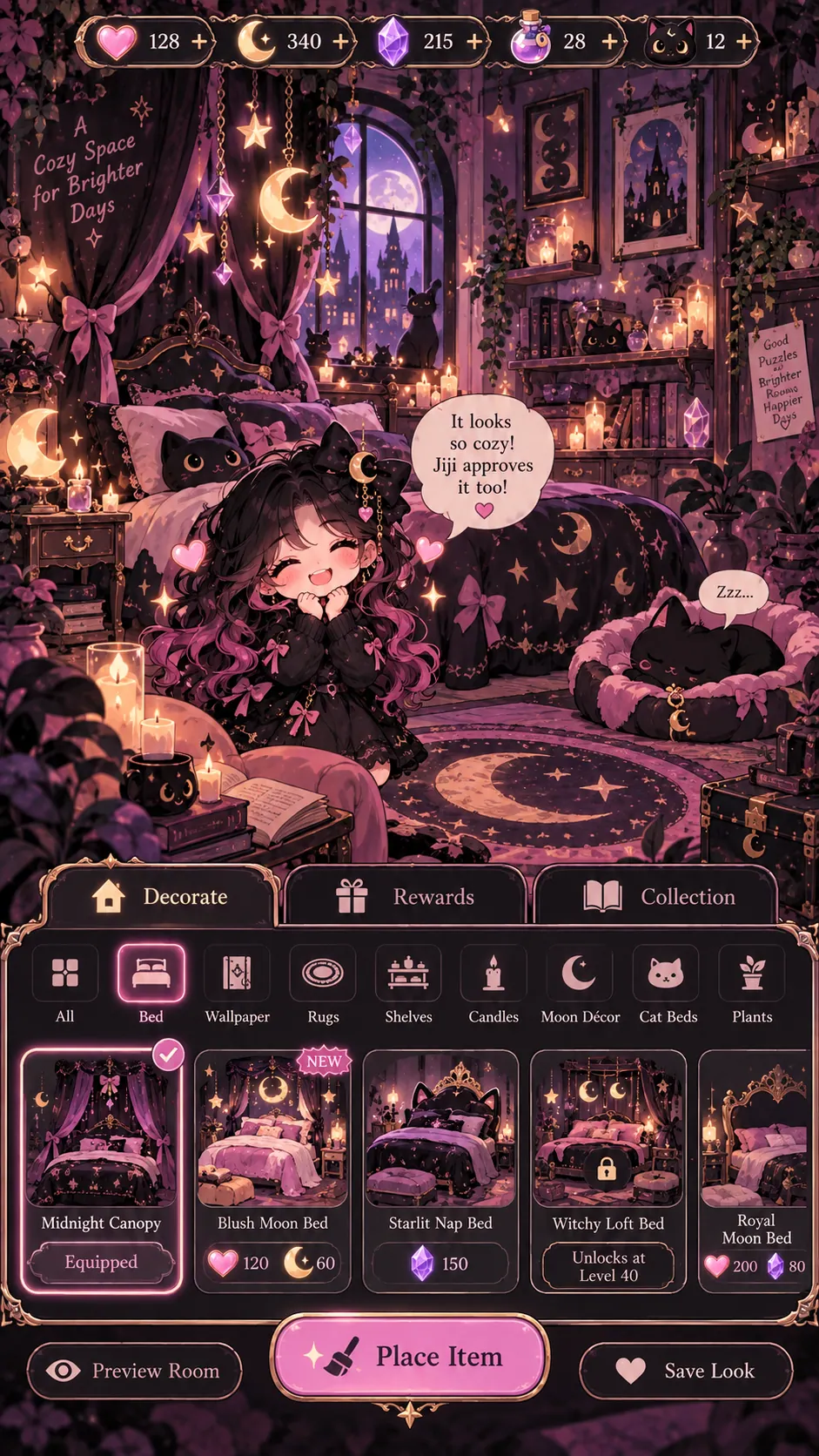 Gothic bedroom decoration mockup with a sleeping black cat