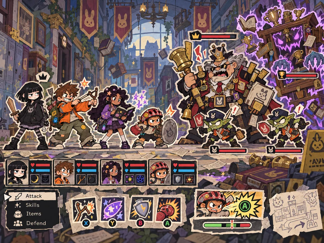 All-female cartoon adventurer party facing enemies in a fantasy RPG battle