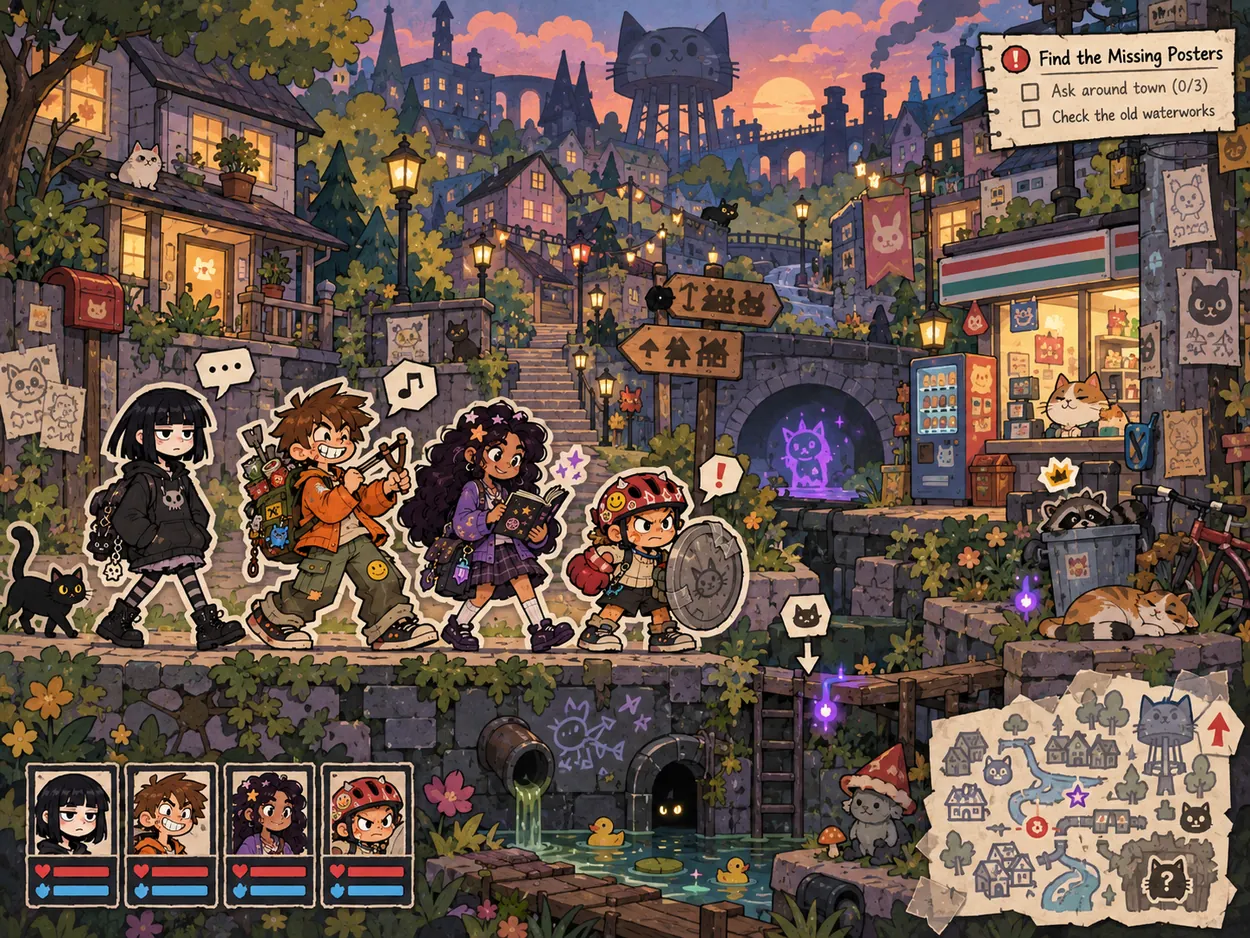 A whimsical cartoon town at dusk with an all-female RPG party exploring